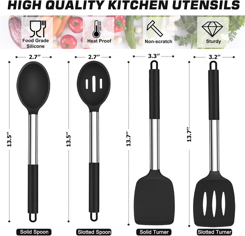 TeamFar Kitchen Utensils, 4 PCS Silicone Cooking Utensils Spatula Spoon Set with Stainless Steel Handle, for Frying Mixing Draining Turning, Healthy & Heat-proof, Non-stick & Dishwasher Safe - Black - Image 2